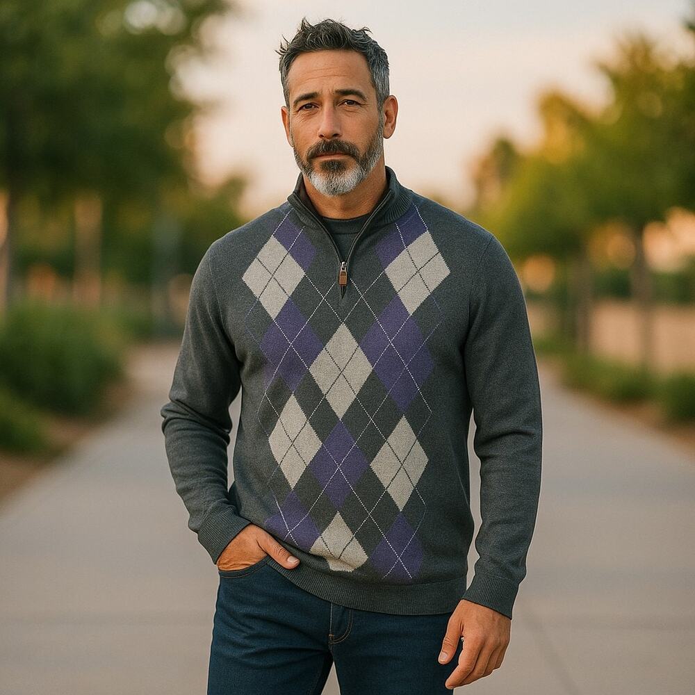 Harrison Davis Sweater Men Large Gray Purple  Pure 2-Ply Cashmere 1/4 Zip Argyle